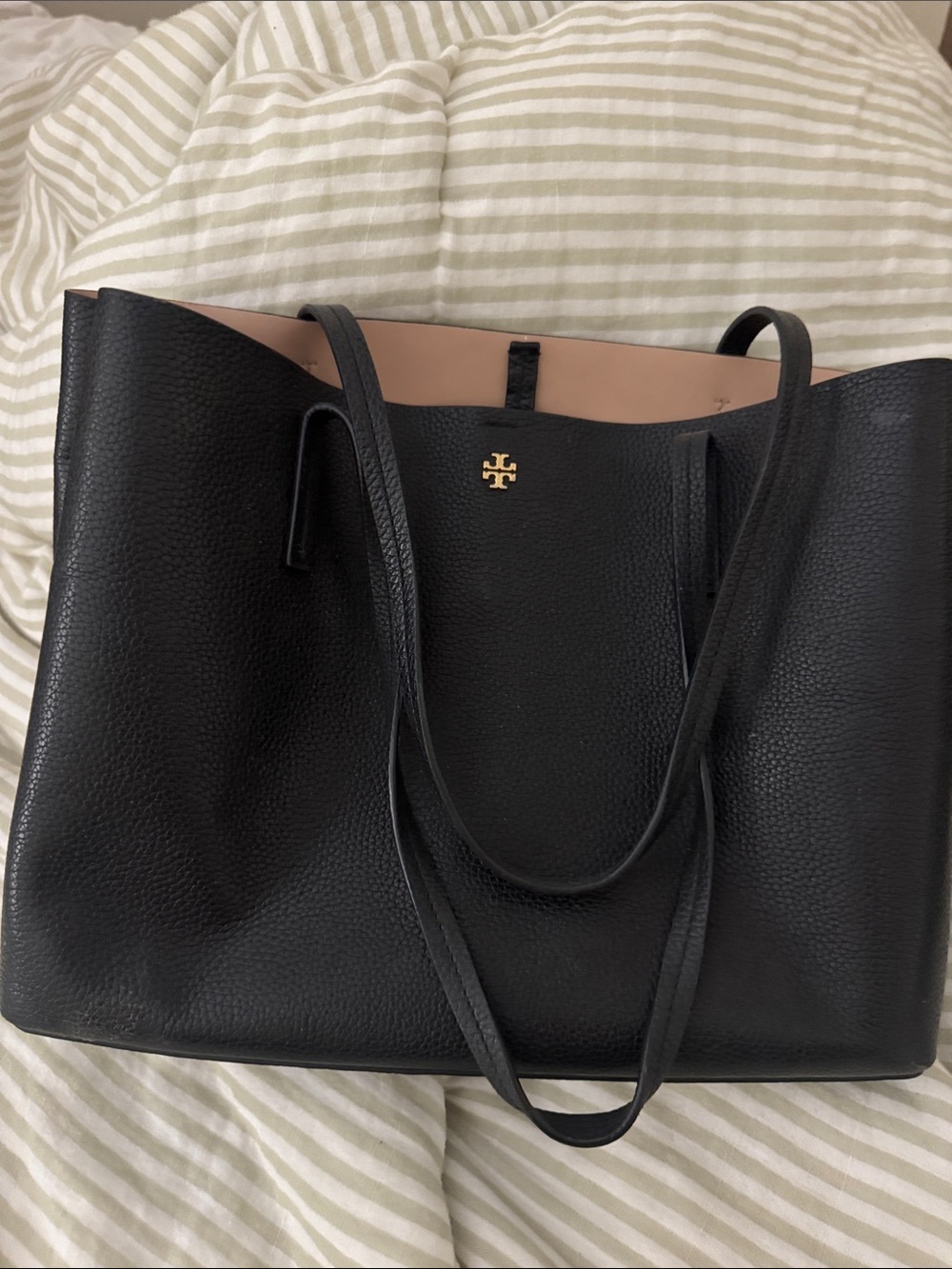 Tory Burch Black Tote with Blush Interior and Gold Logo